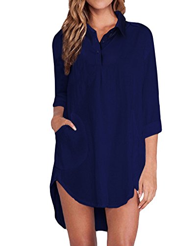 ZANZEA Mujeres Polsillo Escote V Mangas Largas Casual Elegante Chiffón Blusa Camiseta Azul EU 50
