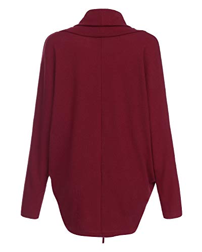 ZANZEA Mujeres Sudaderas Cuello Alto Batwing Manga Larga Irregular Baggy Túnica Blusa Pullover Tops Jersey X-Rojo Vino Cuello Alto S