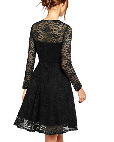 ZANZEA Vestido de Fiesta Encaje Manga Larga Mujer Tallas Grandes Vestidos Plisados Vestido de Cóctel de Noche Cortos 00-Negro+Larga S