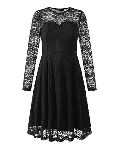 ZANZEA Vestido de Fiesta Encaje Manga Larga Mujer Tallas Grandes Vestidos Plisados Vestido de Cóctel de Noche Cortos 00-Negro+Larga S