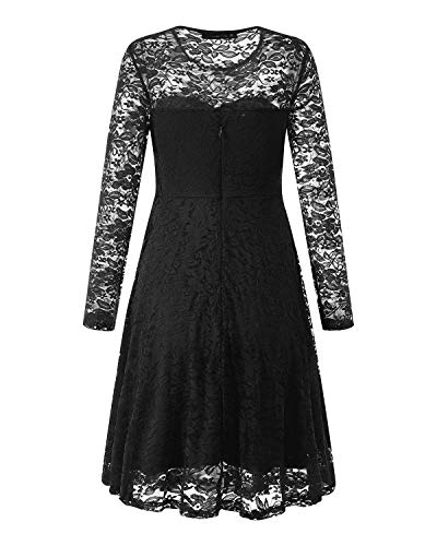 ZANZEA Vestido de Fiesta Encaje Manga Larga Mujer Tallas Grandes Vestidos Plisados Vestido de Cóctel de Noche Cortos 00-Negro+Larga S