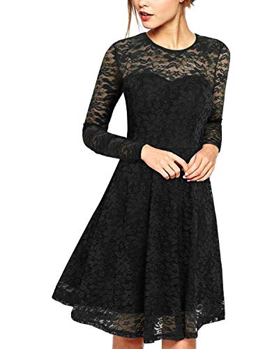 ZANZEA Vestido de Fiesta Encaje Manga Larga Mujer Tallas Grandes Vestidos Plisados Vestido de Cóctel de Noche Cortos 00-Negro+Larga S