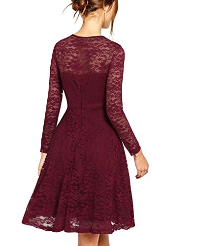 ZANZEA Vestido de Fiesta Encaje Manga Larga Mujer Tallas Grandes Vestidos Plisados Vestido de Cóctel de Noche Cortos 00-Vino Tinto+Larga L