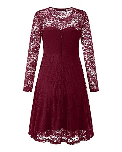 ZANZEA Vestido de Fiesta Encaje Manga Larga Mujer Tallas Grandes Vestidos Plisados Vestido de Cóctel de Noche Cortos 00-Vino Tinto+Larga L