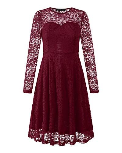 ZANZEA Vestido de Fiesta Encaje Manga Larga Mujer Tallas Grandes Vestidos Plisados Vestido de Cóctel de Noche Cortos 00-Vino Tinto+Larga L