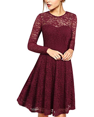 ZANZEA Vestido de Fiesta Encaje Manga Larga Mujer Tallas Grandes Vestidos Plisados Vestido de Cóctel de Noche Cortos 00-Vino Tinto+Larga L