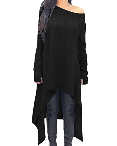ZANZEA Vestido de Punto asimétrico de Manga Larga Suelta de Invierno Casual Sexy para Mujer Talla Grande 01-Negro L