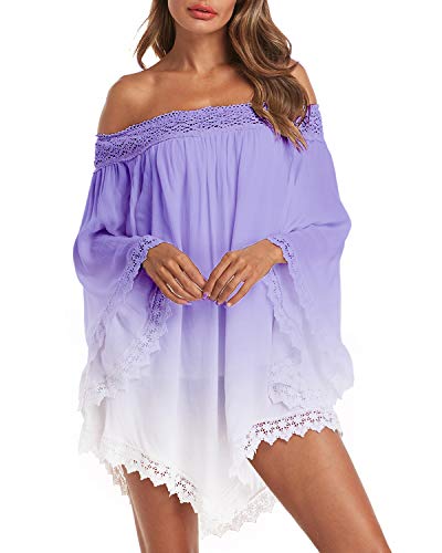 ZANZEA Vestidos Mujer Verano Corto Tallas Grandes Vestidos Fiesta Sexy Encaje Sin Hombros Vestido Playa Mangas Largas 02-púrpura S