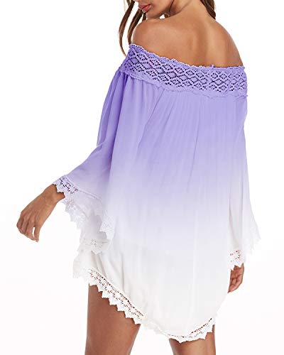 ZANZEA Vestidos Mujer Verano Corto Tallas Grandes Vestidos Fiesta Sexy Encaje Sin Hombros Vestido Playa Mangas Largas 02-púrpura S