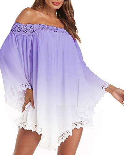 ZANZEA Vestidos Mujer Verano Corto Tallas Grandes Vestidos Fiesta Sexy Encaje Sin Hombros Vestido Playa Mangas Largas 02-púrpura S