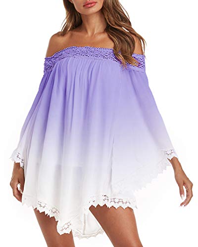 ZANZEA Vestidos Mujer Verano Corto Tallas Grandes Vestidos Fiesta Sexy Encaje Sin Hombros Vestido Playa Mangas Largas 02-púrpura S