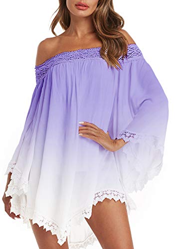 ZANZEA Vestidos Mujer Verano Corto Tallas Grandes Vestidos Fiesta Sexy Encaje Sin Hombros Vestido Playa Mangas Largas 02-púrpura S