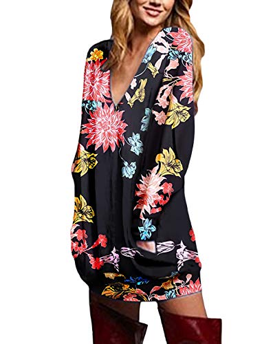 ZANZEA Vestidos Sudadera Mujer Impresión Cuello V Manga Larga Otoño Jerseys de Punto Largos Casual Tallas Grandes Suéter Suelta Floral 2 XXL