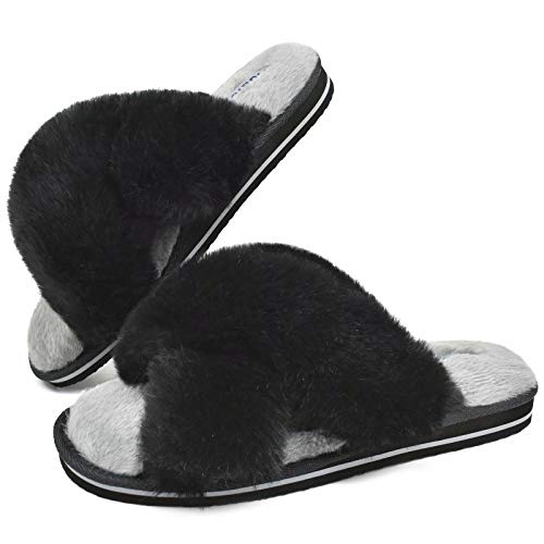 Zapatillas de casa para Mujer Peludo Sandalias Confort Pantuflas de Piel sintética Mullido Diapositivas con Punta Abierta y esponjosa Talla 40 Negro Gris