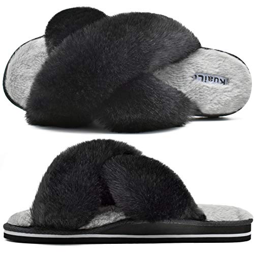 Zapatillas de casa para Mujer Peludo Sandalias Confort Pantuflas de Piel sintética Mullido Diapositivas con Punta Abierta y esponjosa Talla 40 Negro Gris