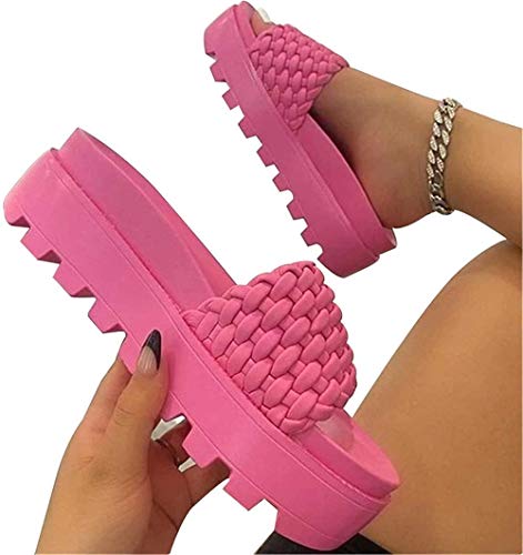Zapatillas de moda de preparación de plataforma, para mujer, con correa trenzada de piel sintética, para verano, para exteriores, suela gruesa, cuñas, ajuste para camisa, falda, vaqueros, color rosa