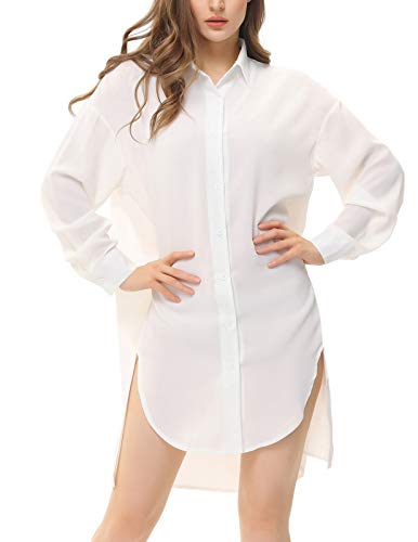 Zexxxy Camisón de manga larga para mujer, con botones crema S