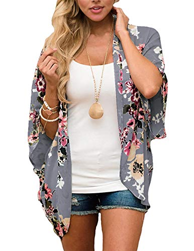 Zexxxy - Kimono de verano en gasa para mujeres, con mangas de 3/4, para la playa, estampado de flores Gris gris oscuro M