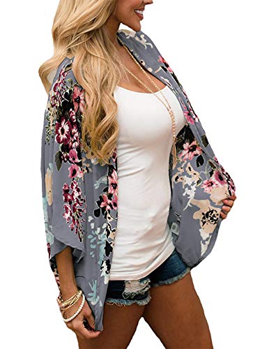 Zexxxy - Kimono de verano en gasa para mujeres, con mangas de 3/4, para la playa, estampado de flores Gris gris oscuro M