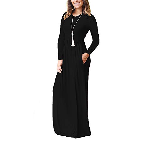 ZHANGNA Mujer Sexy Manga Larga Casual Maxi Vestido con Bolsillo (Negro, Medium)