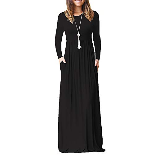 ZHANGNA Mujer Sexy Manga Larga Casual Maxi Vestido con Bolsillo (Negro, Medium)