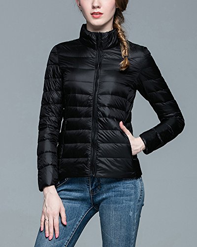 ZhuiKun Chaqueta Portátil de Plumón Ligero Cremallera Abrigo de Plumas Parka para Mujer Negro S