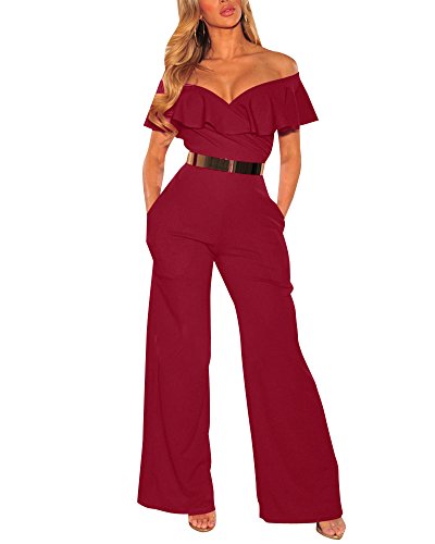 ZhuiKun Fiesta de Noche Mono Largo Trajes De Mujer Elegantes Jumpsuits de Escotado por Detrás Playsuit Vino Rojo M