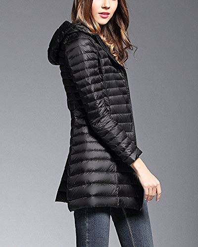 ZhuiKun Mujer Largas Abrigo de Plumas Capucha Ligero Chaqueta de Down Parka de Plumón Negro L