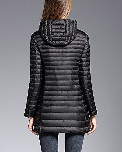 ZhuiKun Mujer Largas Abrigo de Plumas Capucha Ligero Chaqueta de Down Parka de Plumón Negro L
