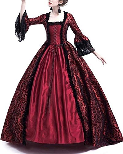 ZhuiKunA Medieval para Mujer Vestido Renacentista Traje De Princesa,Fiesta Largos Vino Rojo L