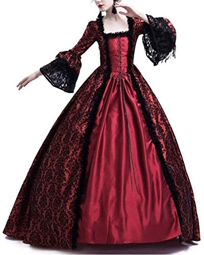 ZhuiKunA Medieval para Mujer Vestido Renacentista Traje De Princesa,Fiesta Largos Vino Rojo L