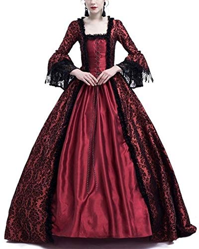 ZhuiKunA Medieval para Mujer Vestido Renacentista Traje De Princesa,Fiesta Largos Vino Rojo L