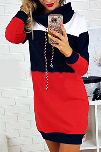 Zilcremo La Mujer Casual Vestido Colorblock High Neck Pullover Sudadera con Cordon Darkblue M