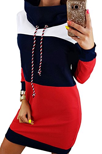 Zilcremo La Mujer Casual Vestido Colorblock High Neck Pullover Sudadera con Cordon Darkblue M