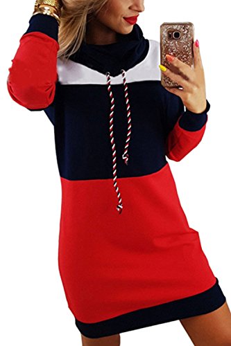 Zilcremo La Mujer Casual Vestido Colorblock High Neck Pullover Sudadera con Cordon Darkblue M