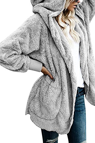 Zilcremo Mujer Lana Chaqueta Cárdigan con Capucha Frente Abierto Abrigo Fleece de Piel Sintética Invierno Grey XXL