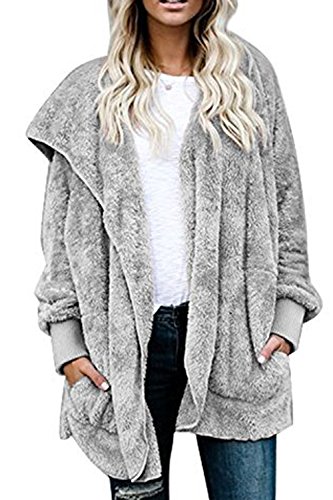 Zilcremo Mujer Lana Chaqueta Cárdigan con Capucha Frente Abierto Abrigo Fleece de Piel Sintética Invierno Grey XXL