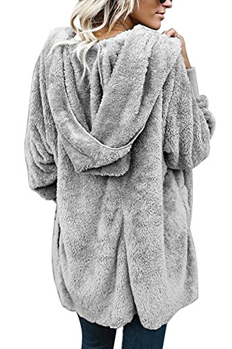Zilcremo Mujer Lana Chaqueta Cárdigan con Capucha Frente Abierto Abrigo Fleece de Piel Sintética Invierno Grey XXL