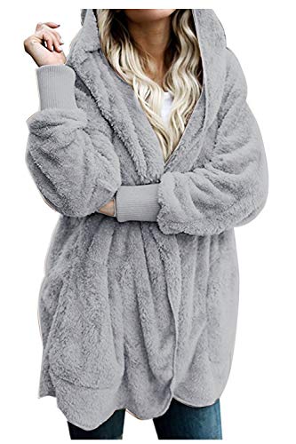 Zilcremo Mujer Lana Chaqueta Cárdigan con Capucha Frente Abierto Abrigo Fleece de Piel Sintética Invierno Grey XXL