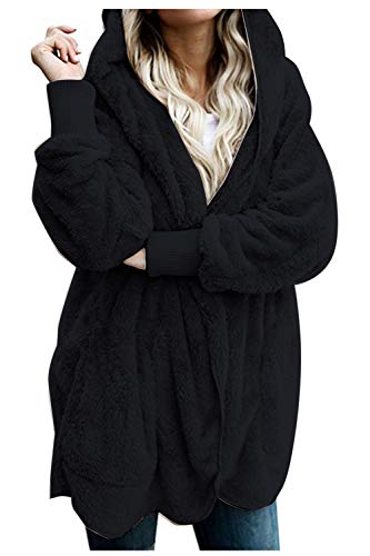 Zilcremo Mujer Lana Chaqueta Cárdigan con Capucha Frente Abierto Abrigo Fleece de Piel Sintética Invierno Negro M