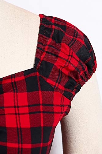 Zilcremo Mujeres Vintage 1950s Parte Superior Plaid Rockabilly 40s Camisetas De Algodón Tartán Rojo S