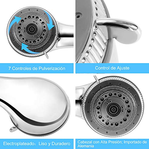 ZITFRI Alcachofa Ducha Alta Presión 7 Modos Baño, con Manguera 2M y Soporte, Cabezal Ducha de Ahorro de Agua Ducha de Mano, Alcachofa Ducha Cromado con Manguera Acero Inoxidable, Conexión Universal