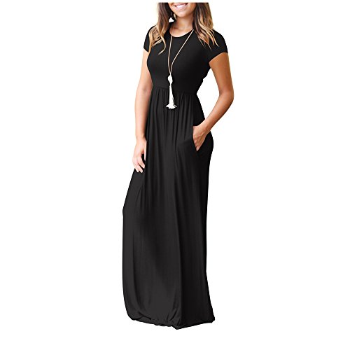 ZNYSTAR Mujer Casual Playa Verano Manga corta Vestidos Largos Maxi Vestido con Bolsillo (small, Negro)