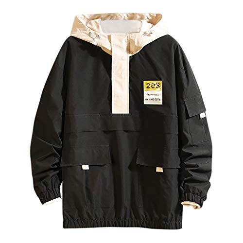 ZODOF Chaqueta Hombre Abrigo Moda con Multi-Bolsillo Mono Suelto Encapuchado Talla Grande Capa Chaqueta Fina Hombre Hooded Jacket Coat Tops Microlight Jacket,Negro