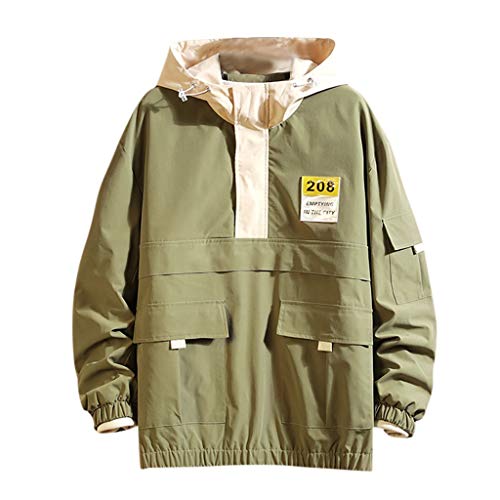 ZODOF Chaqueta Hombre Abrigo Moda con Multi-Bolsillo Mono Suelto Encapuchado Talla Grande Capa Chaqueta Fina Hombre Hooded Jacket Coat Tops Microlight Jacket,Verde