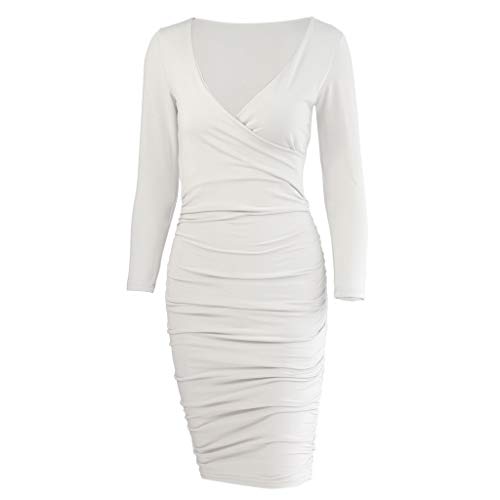 ZODOF Mujer El Verano Mini Vestidos Casual Cuello V Sin Manga Larga Bodycon Moda Casual Vestido vestidos de fiesta invitada boda(S,Blanco)