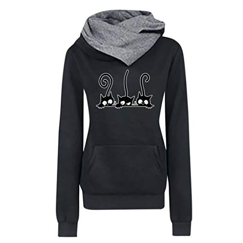 ZODOF Sudadera con Capucha para Mujer Moda Manga Larga Impresión de Gato Camiseta Tops Abrigos Pullover Hoodies Uniforme Unisex(S,Negro)