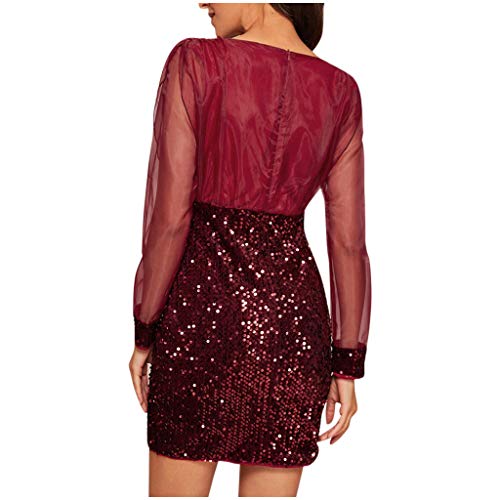 ZODOF Vestidos de Lentejuelas Mujer Sexy Cuello en V Manga de malla Lentejuelas Labor de retazos Casual Elegante Vestido de fiesta Dress vestidos invitada boda