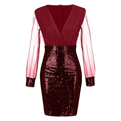 ZODOF Vestidos de Lentejuelas Mujer Sexy Cuello en V Manga de malla Lentejuelas Labor de retazos Casual Elegante Vestido de fiesta Dress vestidos invitada boda