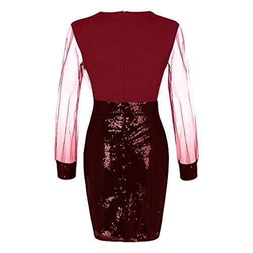 ZODOF Vestidos de Lentejuelas Mujer Sexy Cuello en V Manga de malla Lentejuelas Labor de retazos Casual Elegante Vestido de fiesta Dress vestidos invitada boda